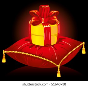 Gift On The Red Satin Pillow With Gold Tassels, Vector