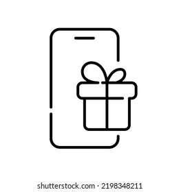 Regalo en un smartphone. Línea de trazo perfecta, editable 