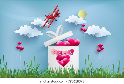 gift on valentine day. beautiful views of the grass and sky. happy valentine day. paper art design
