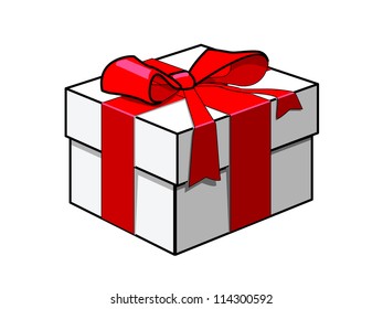 Gift on a white background. A white box tied up red ribbon.