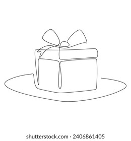 Gift one line. The gift box is tied with a ribbon. Vector drawing.
