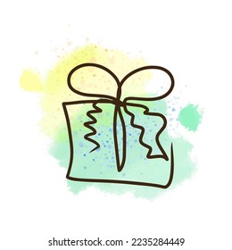 Regalo, dibujo de una línea sobre el fondo de una acuarela, ilustración de contorno, bandeja de pintura, decoración para una postal