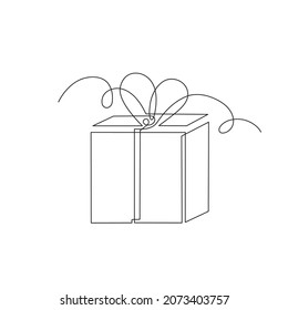 Gift one-line art, hand drawn continuous contour. Doodle, sketch style, minimalism. Holiday present, festive surprise, souvenir. Isolated. Vector illustration