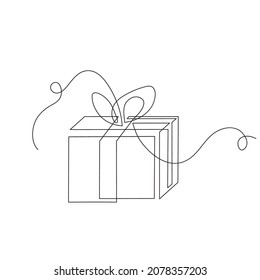 Gift one-line art, hand drawn continuous contour. Doodle, sketch style, minimalism. Holiday present, festive surprise, souvenir. Isolated. Vector illustration