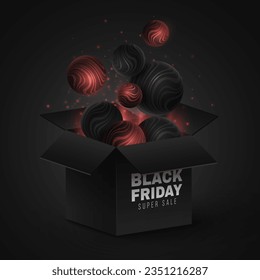 Regalo caja 3D abierta y esferas abstractas con brillante patrón ondulado rayado para la venta del Black Friday. Bolas dinámicas con polvo mágico. Ilustración vectorial. EPS 10.