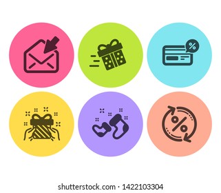 Gift, Open mail and Present delivery icons simple set. Santa boots, Cashback and Loan percent signs. Present, View e-mail. Business set. Flat gift icon. Circle button. Vector