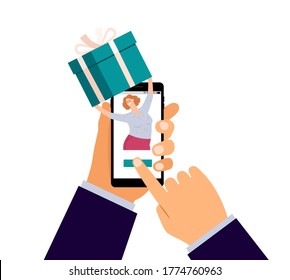 Gift Order Online. Mobile Presents App, Happy Woman With Holiday Box. Hand Holding Phone, Delivery Or Loyalty Program Vector Illustration
