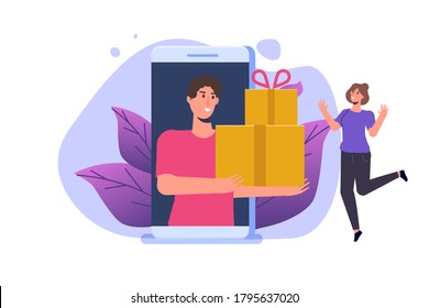 Pedido de regalo en línea, compras en línea, concepto de comercio electrónico. La gente compra regalos. Ilustración del vector