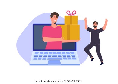 Geschenkbestellung online, Online-Shopping, E-Commerce-Konzept. Die Leute kaufen Geschenke. Vektorgrafik