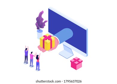 Gift order online, Online shopping,  E commerce concept. People buy gifts. Vector illustration