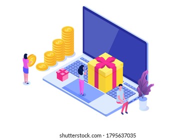 Pedido de regalo en línea, compras en línea, concepto de comercio electrónico. La gente compra regalos. Ilustración del vector