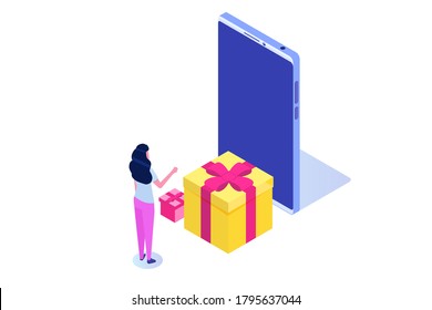 Gift order online, Online shopping,  E commerce concept. People buy gifts. Vector illustration