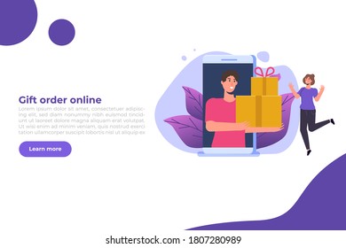 Gift order online, Online shopping,  E commerce concept. People buy gifts. Vector illustration