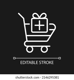 Gift for order pixel perfect white linear icon for dark theme. Purchase bonus. Marketing strategy. Online shop. Thin line illustration. Isolated symbol for night mode. Editable stroke. Arial font used