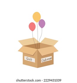regalo para los huérfanos. caja abierta con globos de colores.
