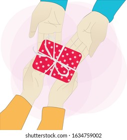 A gift to other with both hand show on vector illustration - romance, couple,and valentine concept