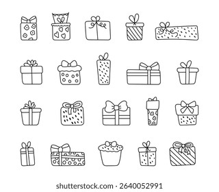 Gift in outline line art box set created for birthday celebration scenes with decorative ribbons, wrapping paper for yours festive party illustration and creative designs projects