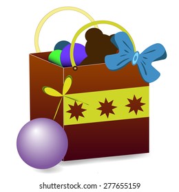 Gift package with a bear, blue, green, violet balls. The package is decorated with a blue ribbon and a yellow strip with three asterisks. Vector illustration