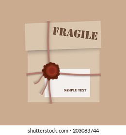 Gift package cardboard box with wax seal, warning sign and copy space for text. Vector eps10 illustration