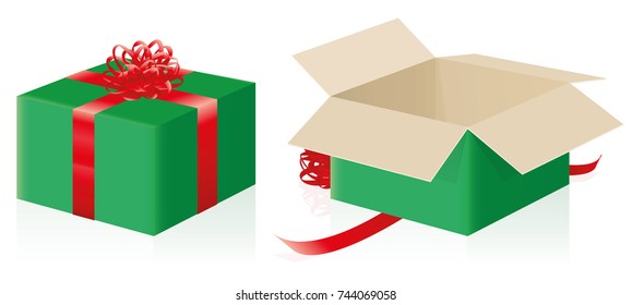 Gift Package - Closed, Wrapped Pack And Opened Christmas Present - Three-dimensional Isolated Vector Illustration On White Background.