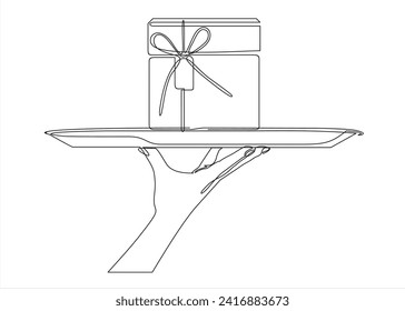 Gift package in the hand of the waiter. Gift package. Valentine's Day.	
