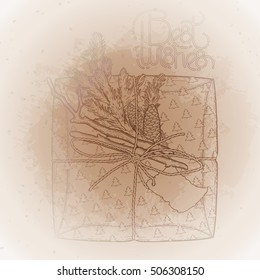 Gift package made of craft paper with coniferous decorations. pine tree branches and cones. Vector design elements isolated on the vintage background in ochre colors.