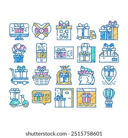 gift package surprise on holiday doodle icons set vector. sketch line art gift box and container packaging, delivery service carrying, online purchase discount coupon present contour illustrations