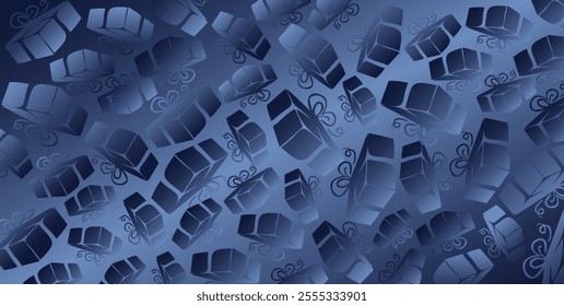 Gift packages with blue ribbon and bow. Template with festive silhouettes. Gradient background with glossy and elegant effect, perfect for festive cards, invitations, greetings and seasonal cards.