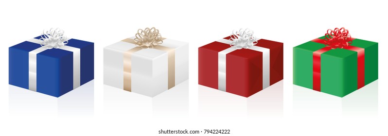 Gift packages - four presents in different colors - isolated vector illustration on white background.
