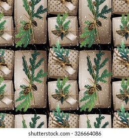 Gift packages  made of craft paper with coniferous decorations: pine tree  branches and cones under the snow flakes. Christmas vector seamless pattern