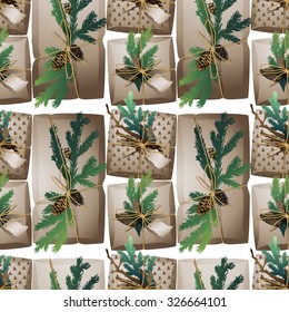 Gift packages  made of craft paper with coniferous decorations: pine tree  branches and cones under the snow flakes. Christmas vector seamless pattern