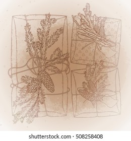 Gift packages made of craft paper with coniferous decorations. Pine tree branches and cones under the snow flakes. Vector design elements isolated on the vintage background in ocher colors.