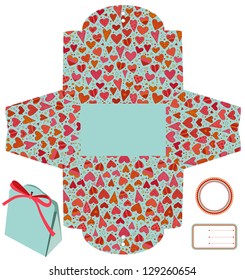 Gift packaging box. Isolated. Heart love pattern. Empty label. Template.