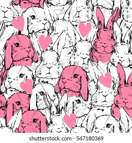 gift packaging design for Valentine's day, vector rabbit with pink heart pattern, textile design pattern