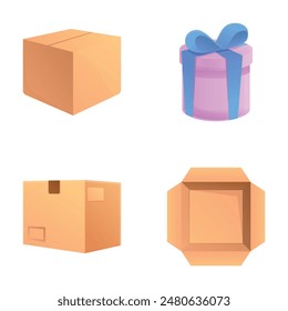 Gift packaging icons set cartoon vector. Various cardboard gift box. Package, box, gift