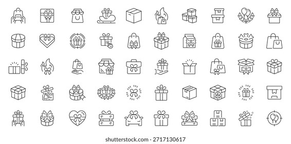 Conjunto de iconos de regalo y embalaje. iconos de línea editables, contorno, regalos y envoltura