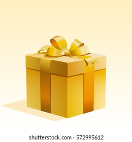 Gift packed in a box and tied with a ribbon. Gold.