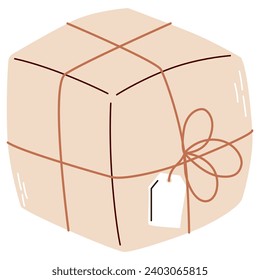 The gift is packed in fine craft paper. A stylish package greeting for the holidays.Gift wrapping tied with a string. Isolated birthday or anniversary box with wrapping paper. Sale, trading concept. 