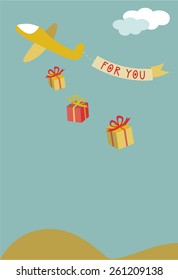 Paquetes de regalo lanzados desde un avión que lleva un cartel que dice "por ti"