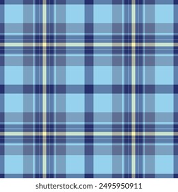 Gift paper check fabric texture, quality seamless background vector. Gift card pattern textile tartan plaid in blue and cyan colors palette.