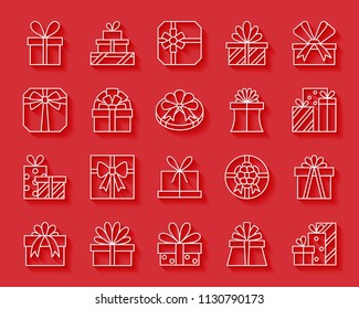 Gift paper cut art line icons set. 3D web sign kit of bounty box. Present linear pictogram collection includes stack, prize, parcel. Simple gift vector paper carved icon shape. Material design symbol