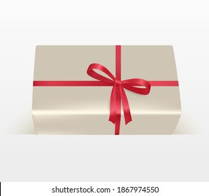 A gift or parcel in light wrapping paper with a red bow and ribbon. Festive design element for decorating holiday banners, gift cards, birthday greetings, and Christmas and New Year sales.