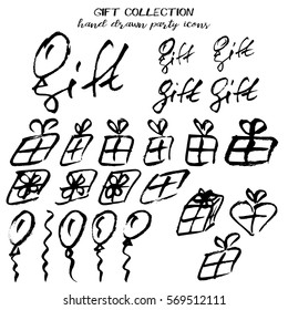 Gift party collection in hand drawn technique and grunge style isolated on white. Vector illustration