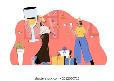 Gift party concept. Women in holiday caps celebrating, giving gifts and drinking situation. Festive event people scene. Vector illustration with flat character design for website and mobile site