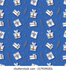 Gift pattern with elements in doodle style. Presents, ribbons, confetti and spruce branches. Vector holiday background. New Year mood.