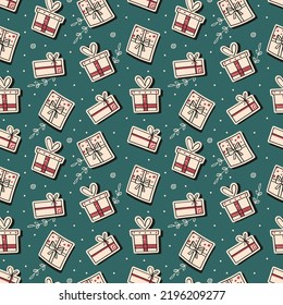 Gift pattern with elements in doodle style. Presents, confetti and spruce branches. Vector holiday background. New Year mood.