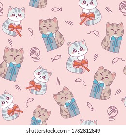 Сat with gift сute pattern seamless. Happy kitten with stripes holding surprise box with ribbon decorative fun art trendy anime decoration colorful pattern with adorable vector animals.