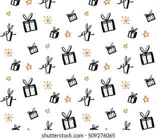 Gift pattern, seamless texture with hand drawn illustrations of present boxes. Vector gifts background.