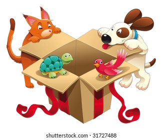 Gift and pets. 
Funny cartoon and vector characters