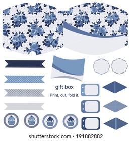 Gift pillow box template. Party kit. Abstract floral shabby chic pattern, classic country roses. Empty label. 